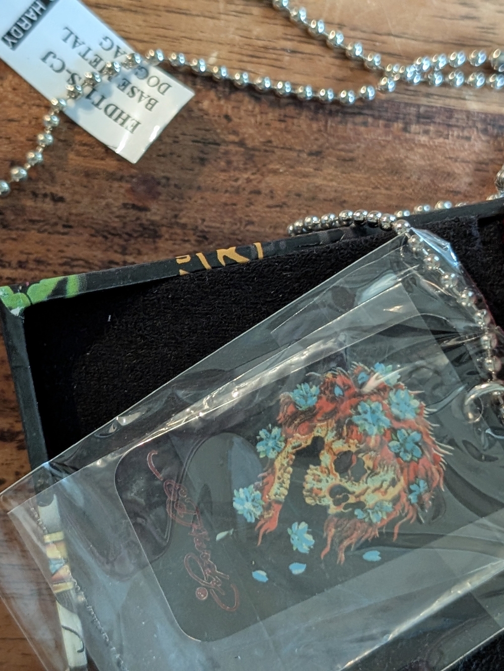 Ed Hardy Women's Black Floral Skull Dog Tag Necklace